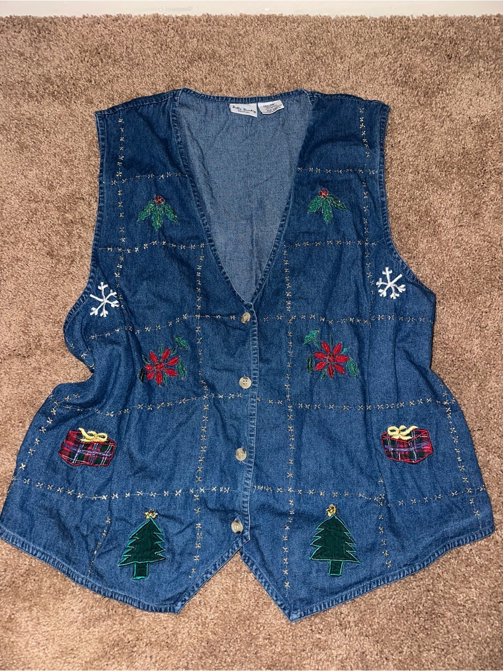 Vintage 100% cotton Denim Holiday Embroidered Vest